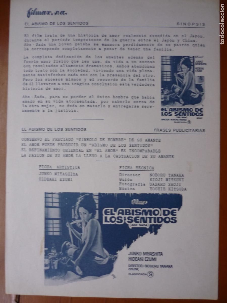 Cine: el abismo de los sentidos abe sada - guia pubicitaria original - junko miyashita - clasificada s