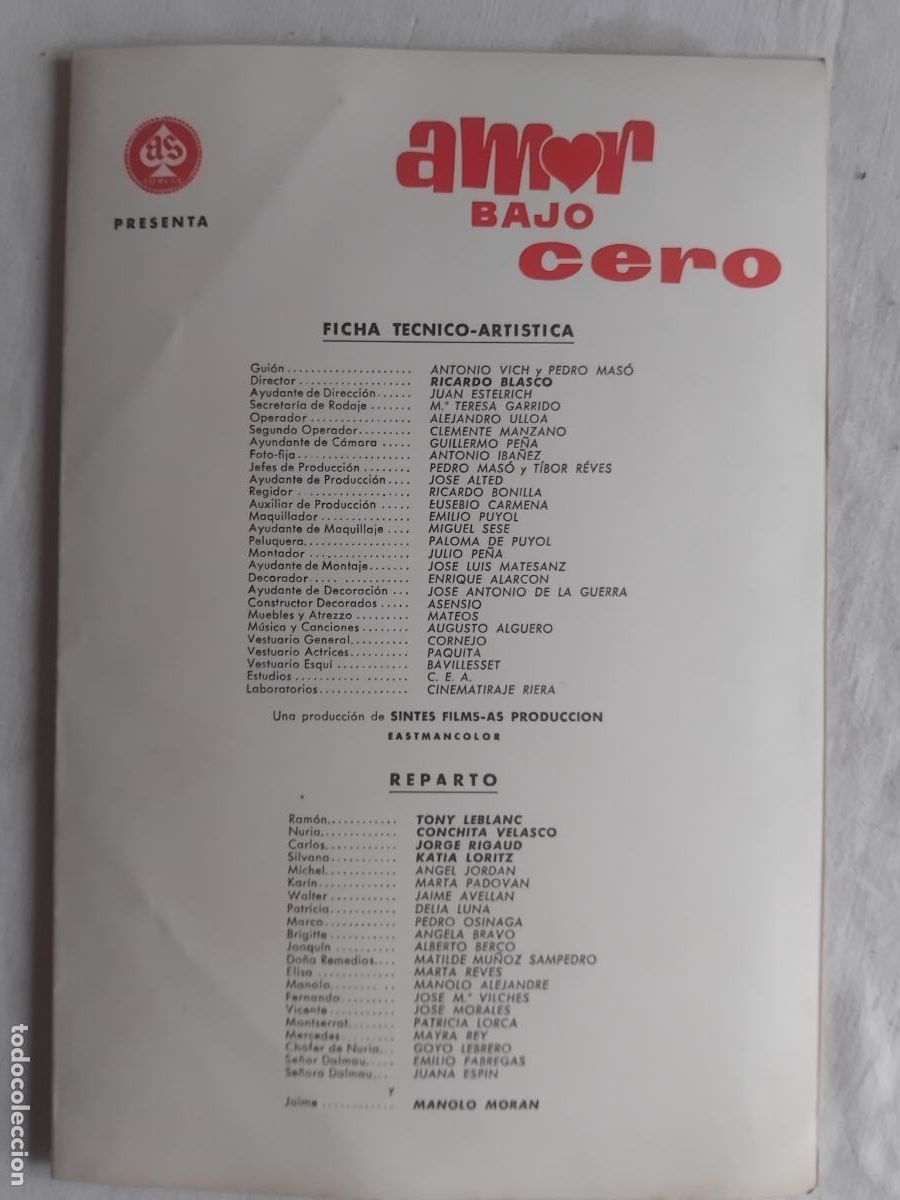 Cine: GUIA DE CINE ORIGINAL AMOR BAJO CERO. TONY LEBRANC. CONCHITA VELASCO