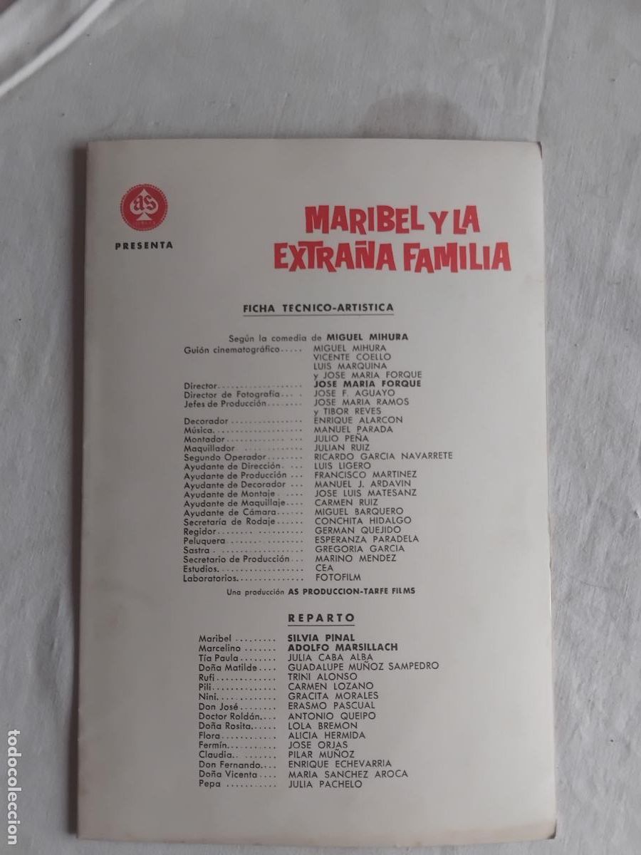 Cine: GUIA DE CINE ORIGINAL MARIBEL Y LA EXTRA&Ntilde;A FAMILIA. SILVIA PINAL. ADOLFO MARSILLACH