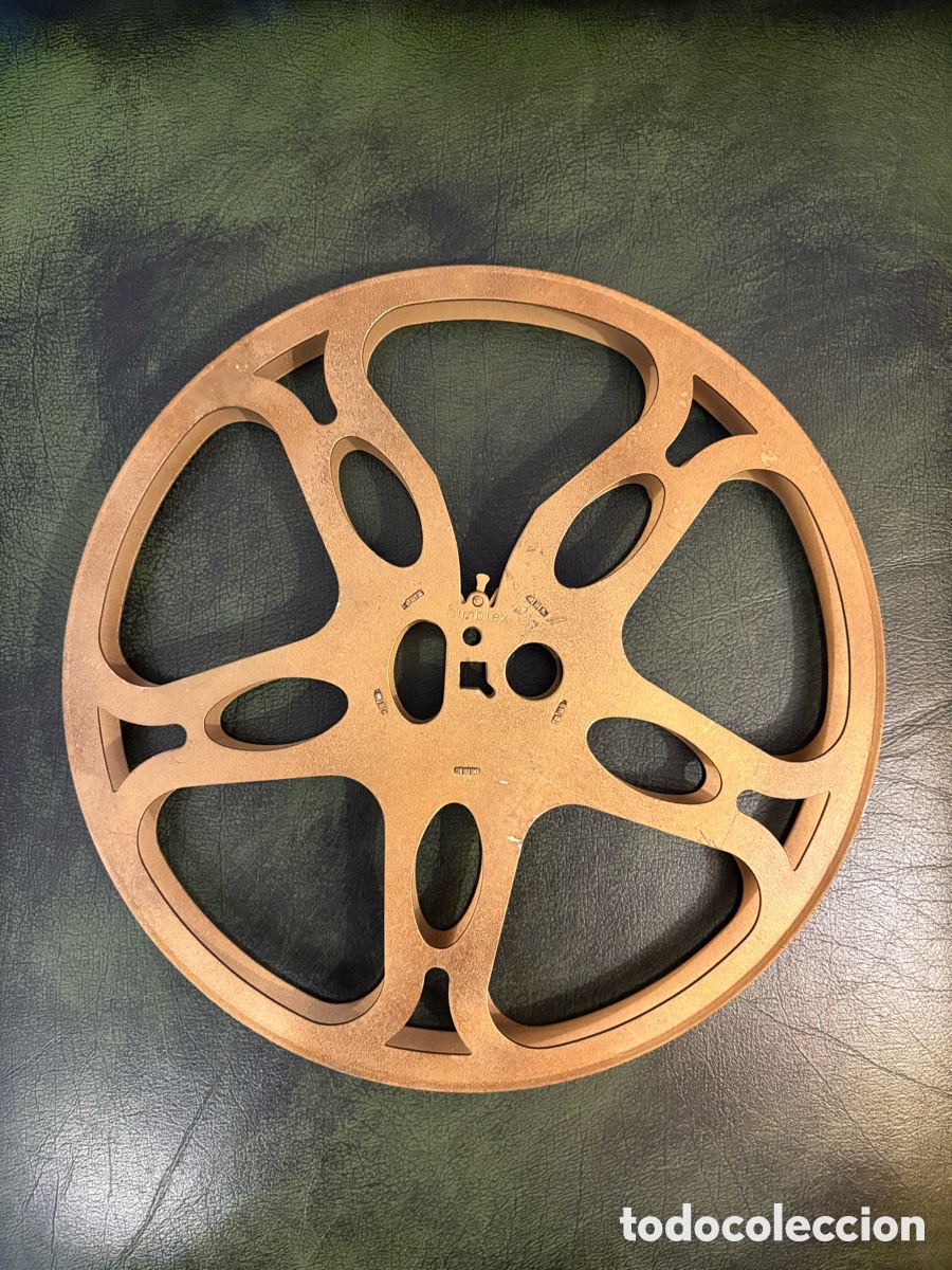 Cine: Bobina Simplex pel&iacute;cula proyector cine 16mm, 25 cms di&aacute;metro 240 mts. capacidad en aluminio y dorada
