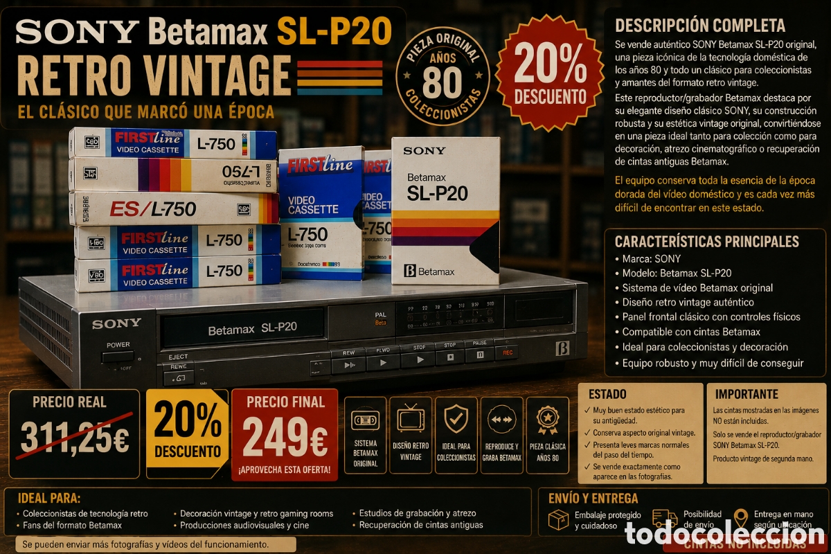 Cine: SONY Betamax SL-P20 Retro Vintage &ndash; Reproductor/Grabador Original sin mando, sin testear, coleccion