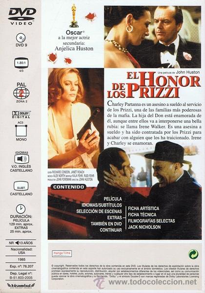Cine: DVD EL HONOR DE LOS PRIZZI  JACK NICHOLSON - Foto 2
