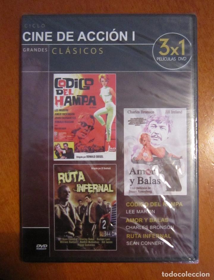 Cine: DVD CINE DE ACCION 3X1 (C&Oacute;DIGO DEL HAMPA + AMOR Y BALAS + RUTA INFERNAL) PRECINTADO ORIGINAL