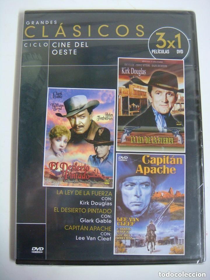 Cine: D.V.D. DE 3 X 1 PELICULAS-EL DESIERTO PINTADO-LA LEY DE LA FUERZA- ES NUEVA.