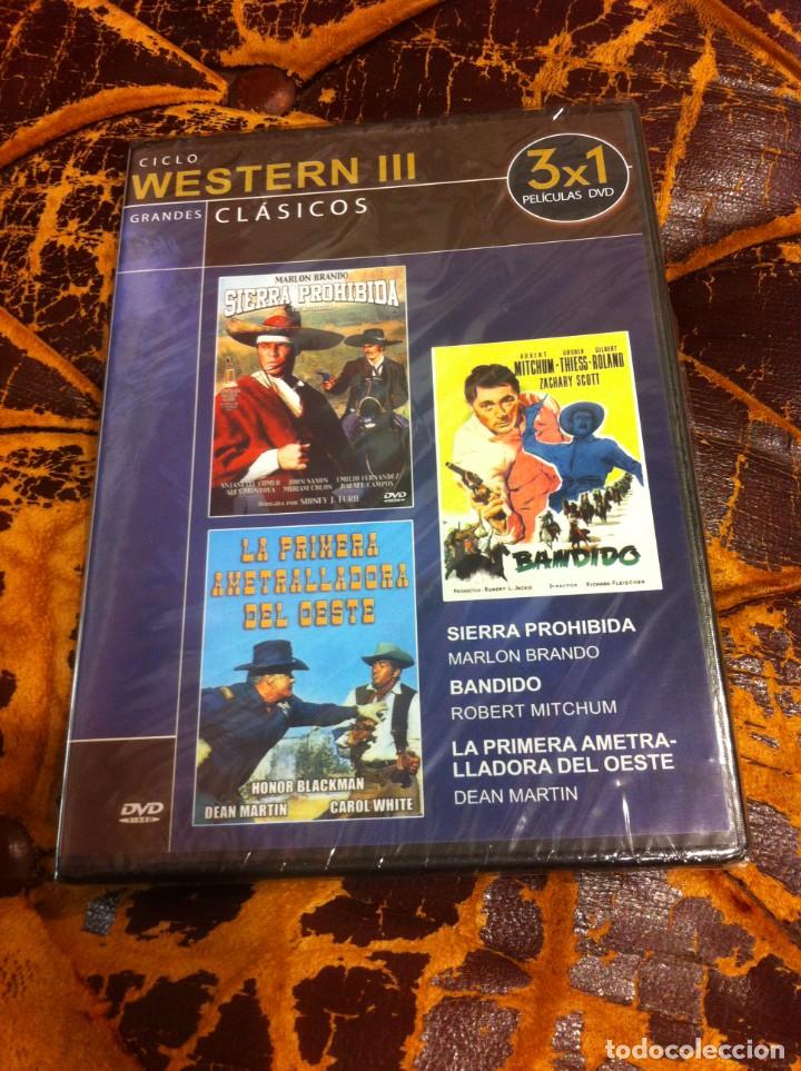 Cine: DVD (PRECINTADO) WESTERN III. SIERRA PROHIBIDA. BANDIDO. LA PRIMERA AMETRALLADORA DEL OESTE.