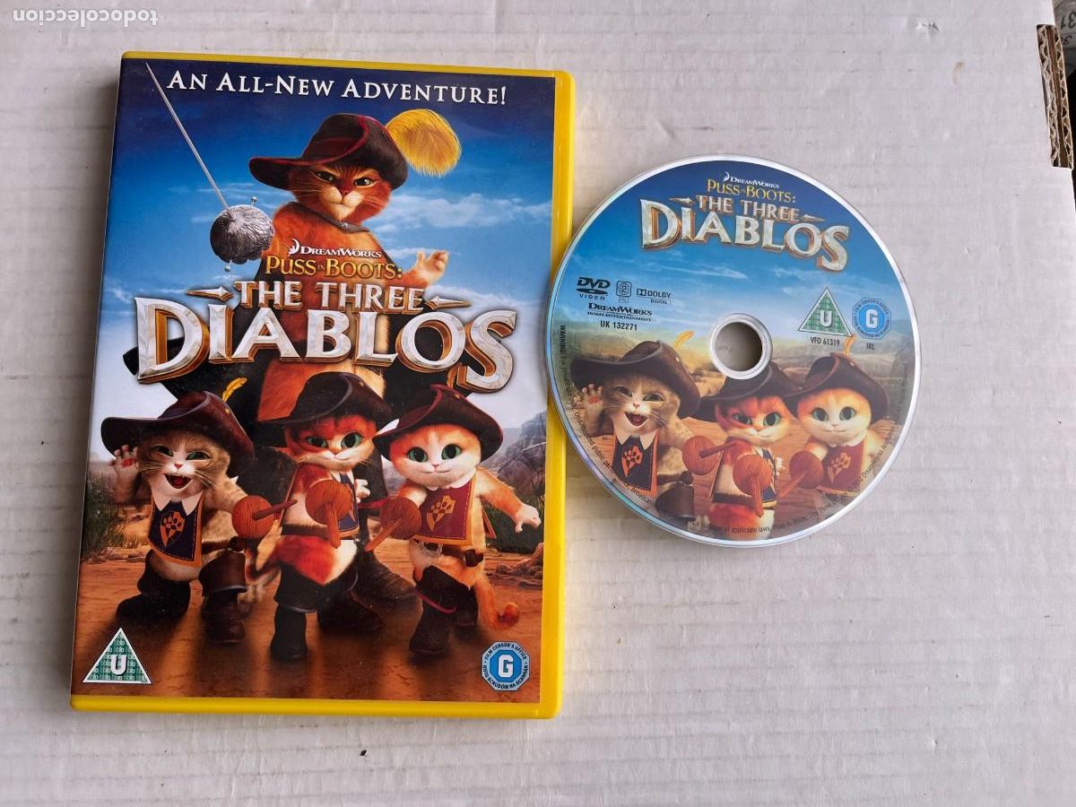Cine: PUSS IN BOTS THE THREE DIABLOS EL GATO CON BOTAS CAJA COLOR AMARILLA PELICULA DVD KREATEN