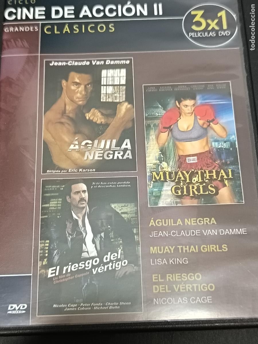 Cine: DVD Cine Acci&oacute;n: AGUILA NEGRA, MUAY THAI GIRLS y EL RIESGO DEL VERTIGO con Van Damme, Nicolas Cage..