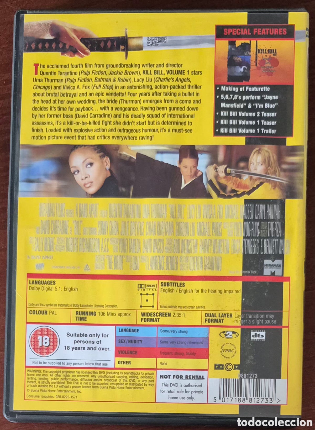 Cine: DVD - KILL BILL VOLUME 1 (AUDIOS EN INGL&Eacute;S) - Foto 2