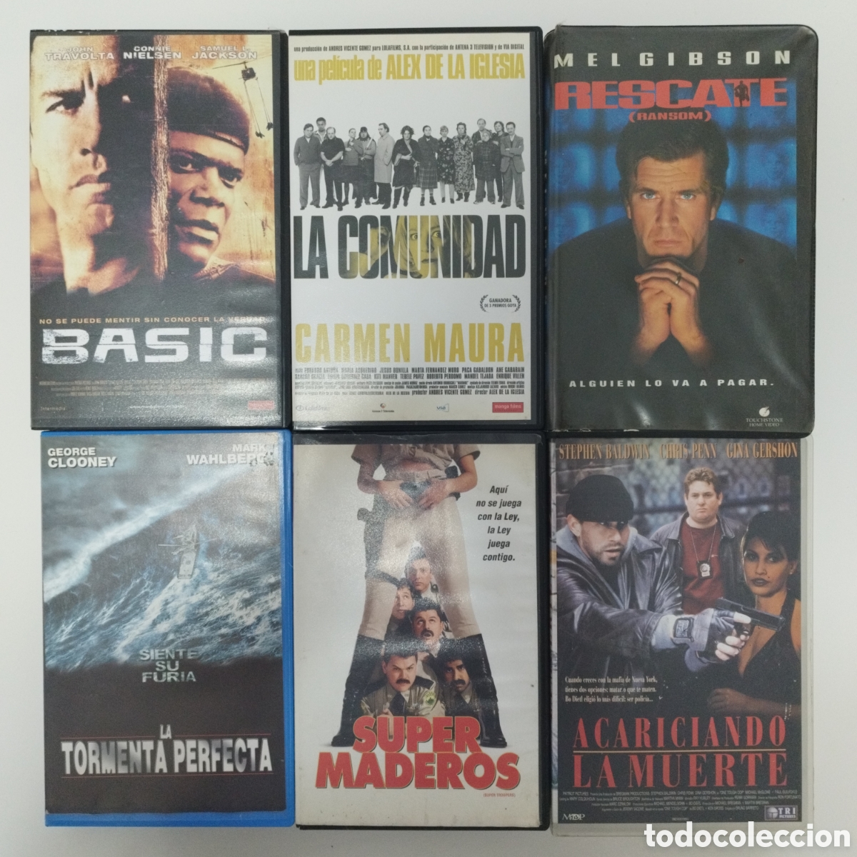 Cine: 6 VHS/BASIC/LA COMUNIDAD/RESCATE (RANSOM)/LA TORMENTA PERFECTA/SUPER MADEROS/ACARICIANDO LA MUERTE