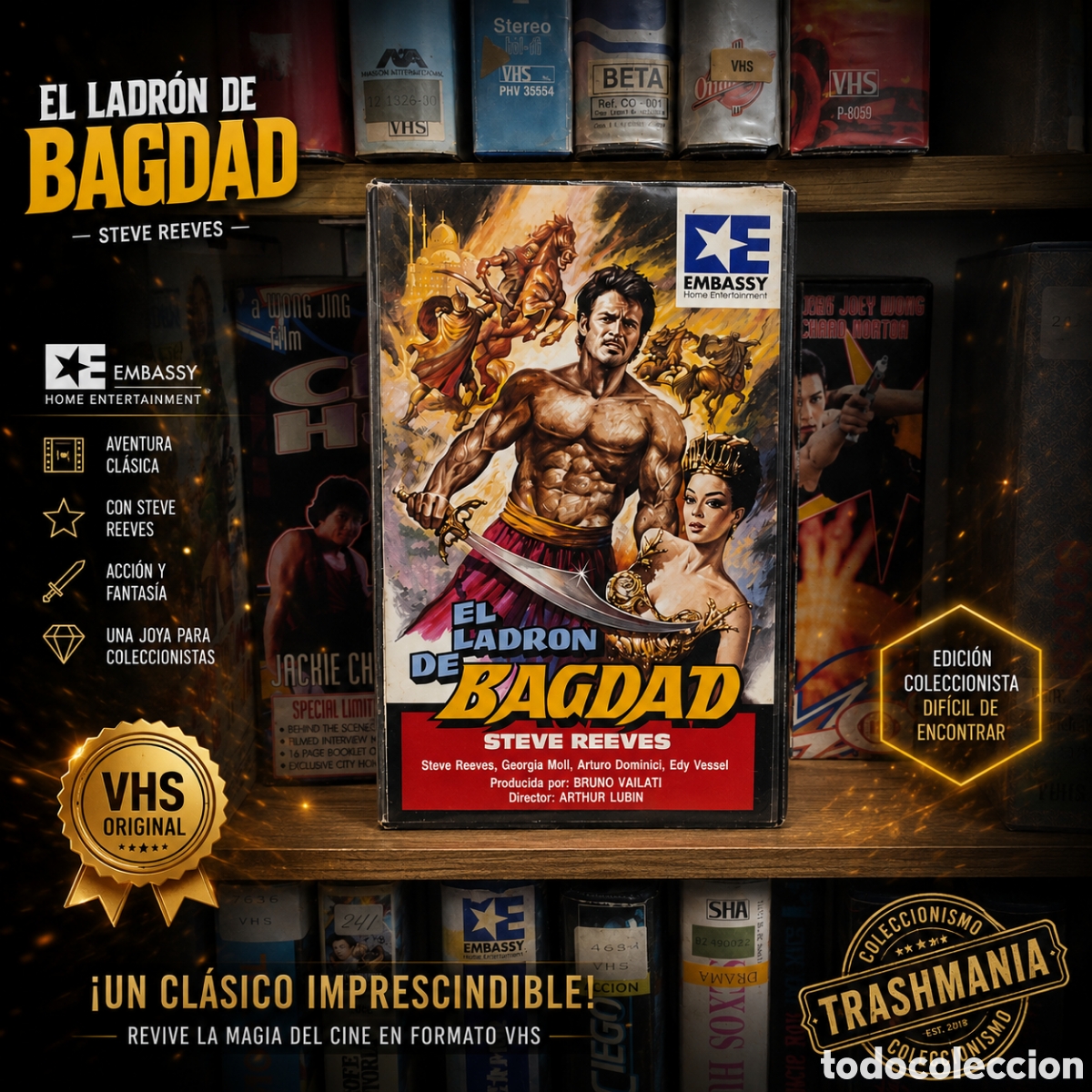 Cine: VHS EL LADRON DE BAGDAD Steve Reeves Peplum Aventuras Fant&aacute;stico Retro Original Embassy Video