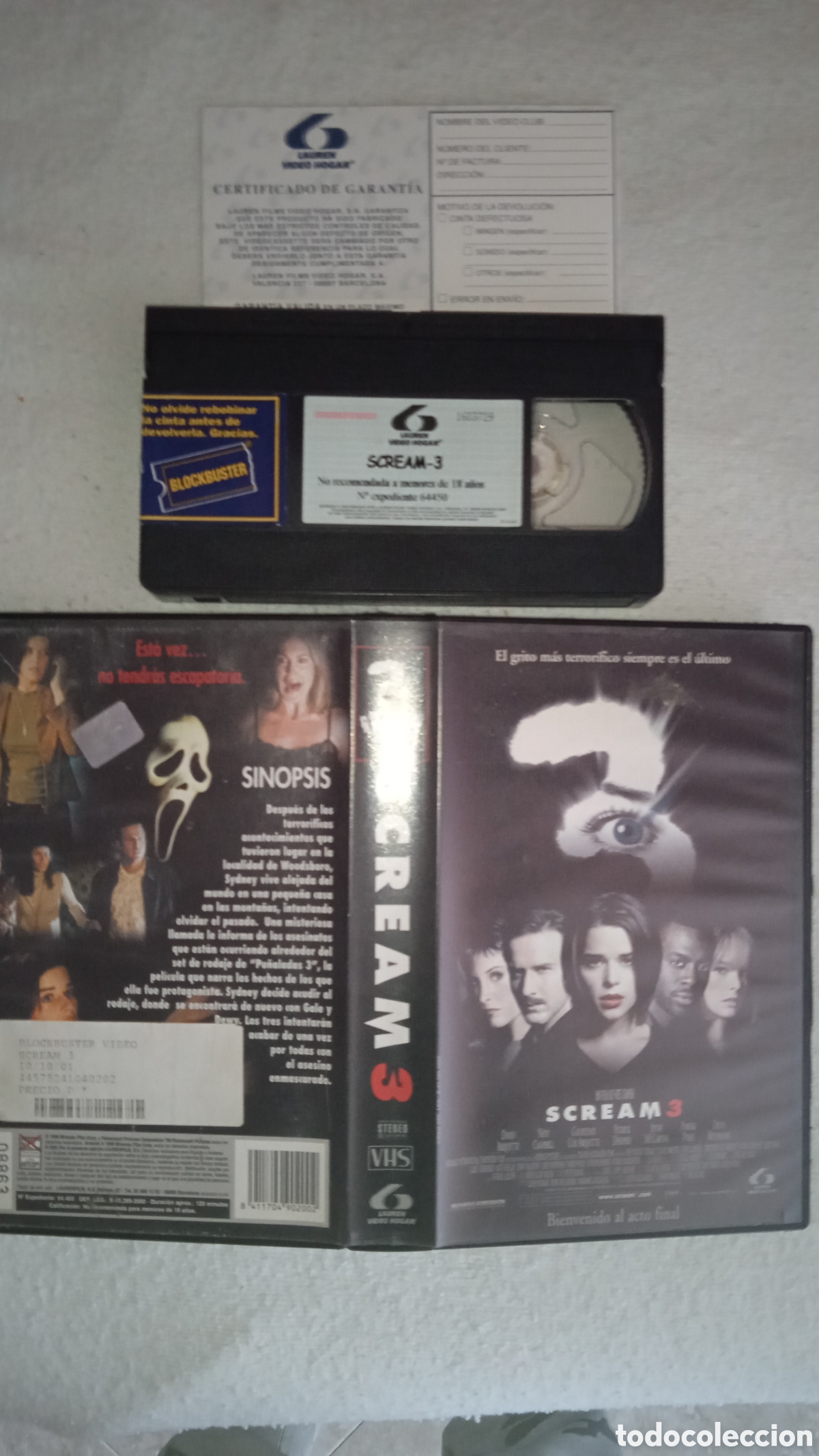 Cine: Scream 3 (2000) VHS Original Espa&ntilde;a Lauren Video Hogar + Tarjeta de Garant&iacute;a + Pegatina Blockbuster