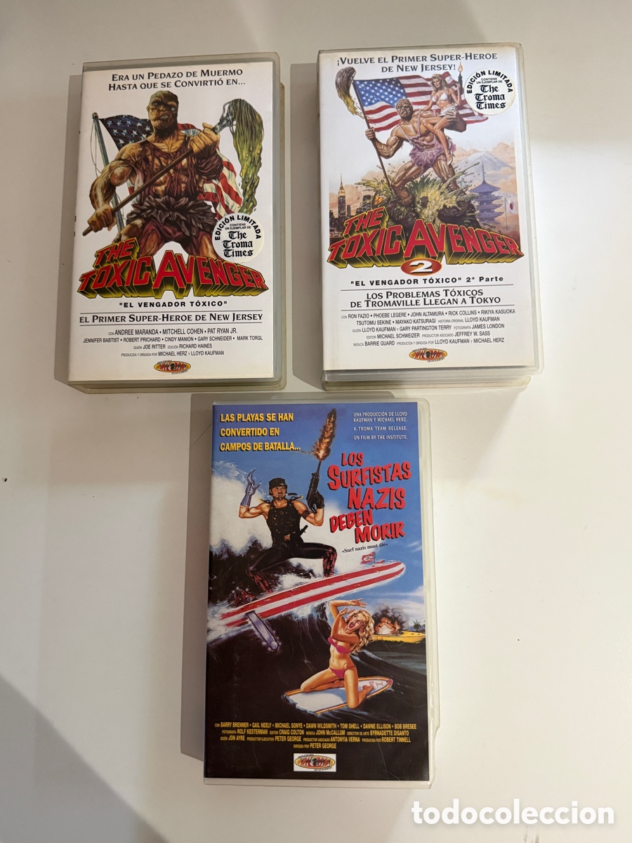 Cine: Lote 3 VHS Troma - El Vengador T&oacute;xico 1 y 2 (Ed. Limitada con Revista) + Surfistas Nazis