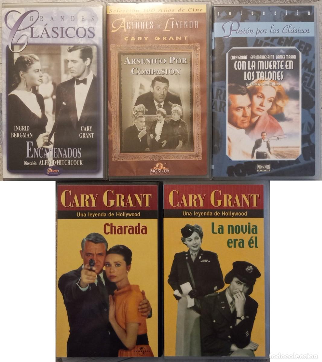 Cine: Lote VHS CARY GRANT: ENCADENADOS + ARS&Eacute;NICO POR COMPASI&Oacute;N + CON LA MUERTE EN LOS TALONES + CHARADA