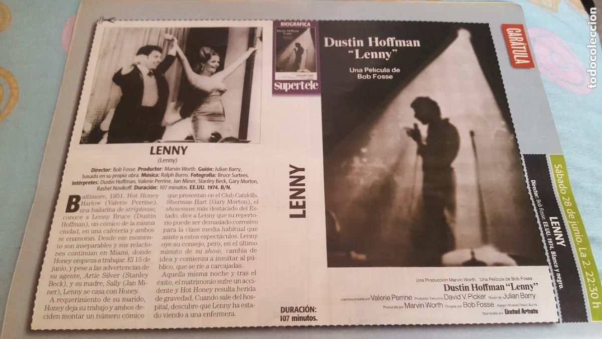 Cine: Car&aacute;tula/cartel de cine/recorte. Pel&iacute;cula Lenny, con Dustin Hoffman. V&aacute;lida para VHS.