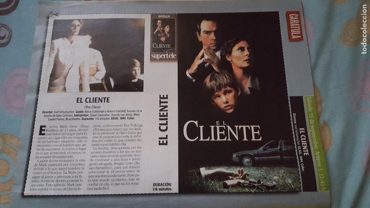 Cine: Recorte/car&aacute;tula/cartel de cine, pel&iacute;cula El Cliente, con Tommy Lee Jones y Susan Sarandon. Para Vhs