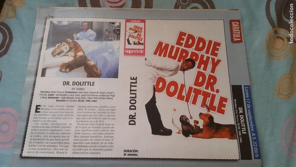 Cine: Recorte/car&aacute;tula/cartel de cine, pel&iacute;cula Dr Dolittle, con Eddie Murphy. Para Vhs
