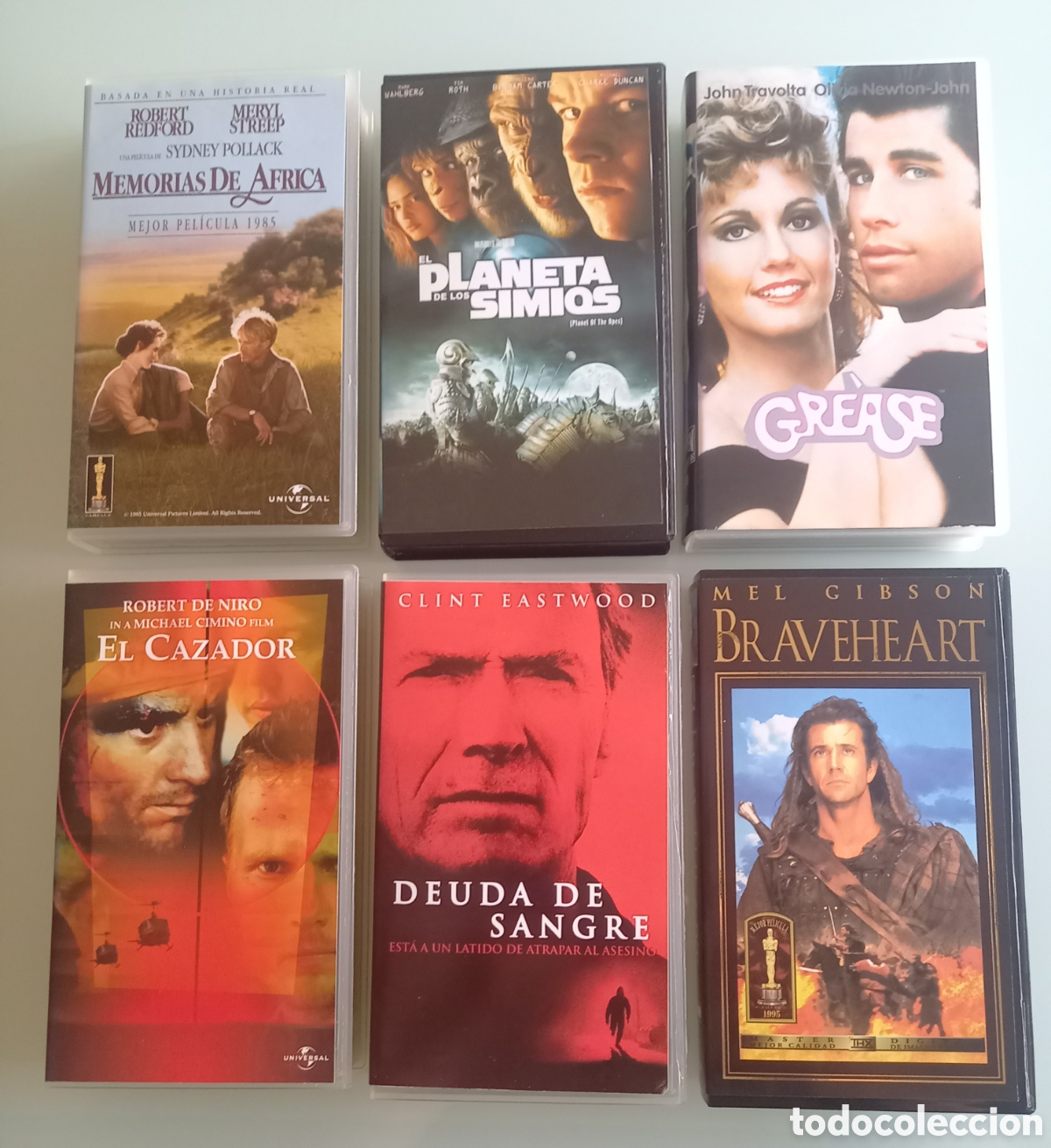 Cine: Lote 6 Pel&iacute;culas VHS Cl&aacute;sicos del Cine - Memorias de &Aacute;frica, El Cazador, Braveheart, Grease y m&aacute;s