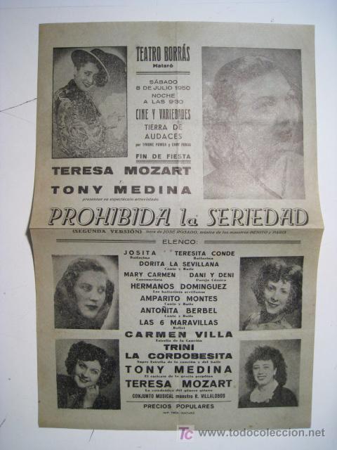 Cinema: CARTEL TEATRO BORRAS: MATARO: PROHIBIDA SERIEDAD - 1950