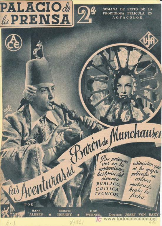 Kino: LAS AVENTURAS DEL BARON DE MUNCHAUSEN: Director: Josef Von Baky - Actores: Hans Albers, Brigite Horn