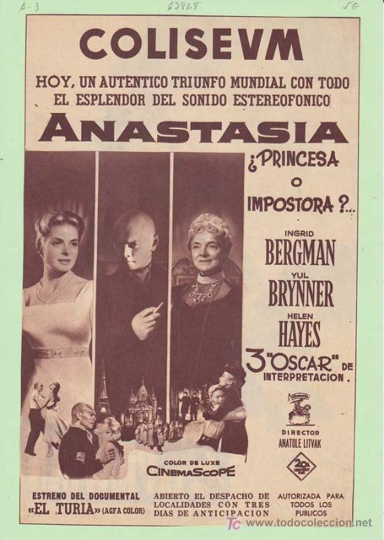 Cin&eacute;ma: ANASTASIA: Director: Anatole Litvak - Actores: Ingrid Bergman, Yul Bryner y Helen Hayes.