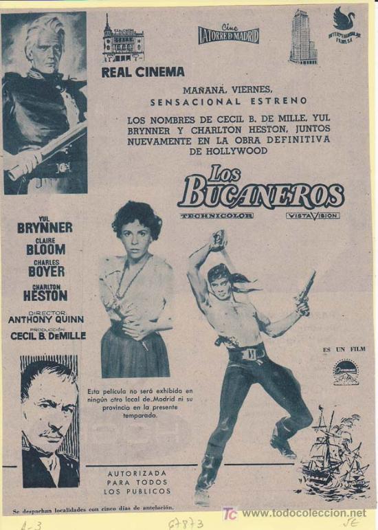 Kino: LOS BUCANEROS: Director: Anthony Quinn - Actores: Yul Bryner, Claire Bloom, Charles Boyer y Charlton