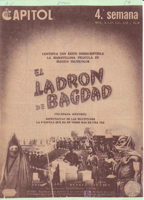 Cin&eacute;ma: EL LADRON DE BAGDAD: Director: Ludwig Berger - Actores: Conrad Veidt, Sabu, June Duprez y John Justi