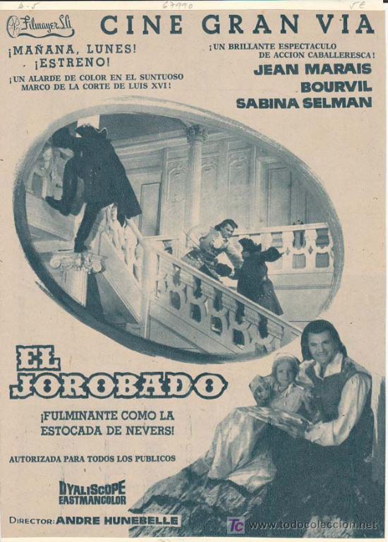Cin&eacute;ma: EL JOROBADO: Director: Andre Hunebelle - Actores: Jean Marais, Bourvil y Sabina Selman.