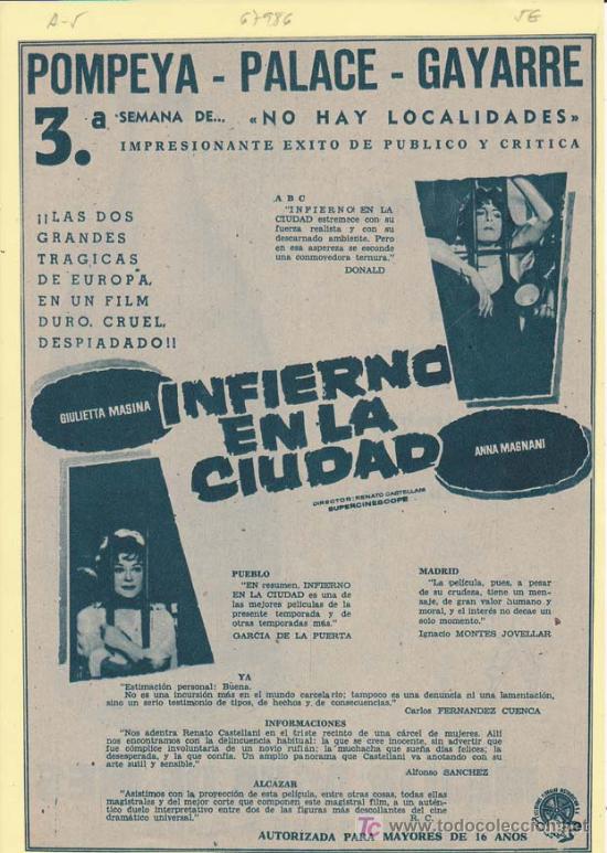 Cin&eacute;ma: INFIERNO EN LA CIUDAD: Director: Renato Castellani - Actores: Anna Magnani y Giulietta Masina.