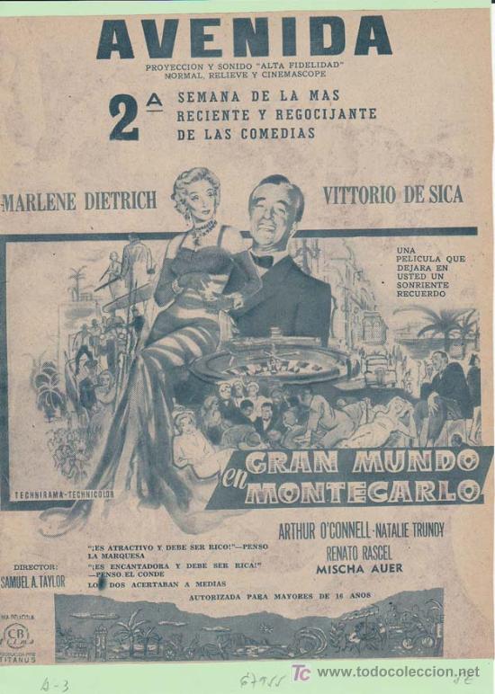 Cin&eacute;ma: GRAN MUNDO EN MONTECARLO: Director: Samuel A. Taylor - Actores: Marlene Dietrich, Vittorio de Sica,