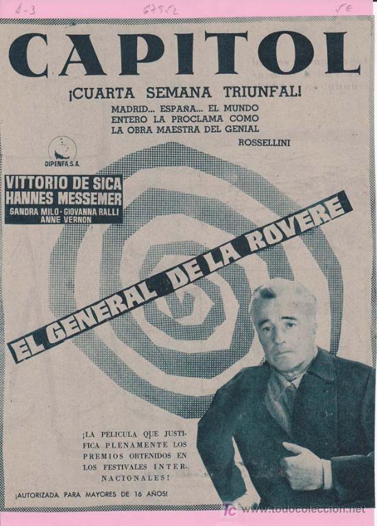 Cin&eacute;ma: EL GENERAL DE LA ROVERE: Director: Roberto Rossellini - Actores: Vittorio de Sica, Hannes Messemer,