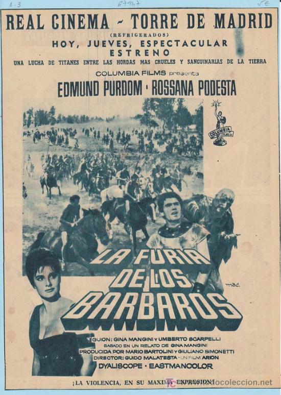 Cin&eacute;ma: LA FURIA DE LOS BARBAROS: Director: Guido Malatesta - Actores: Edmund Purdom y Rossana Podesta