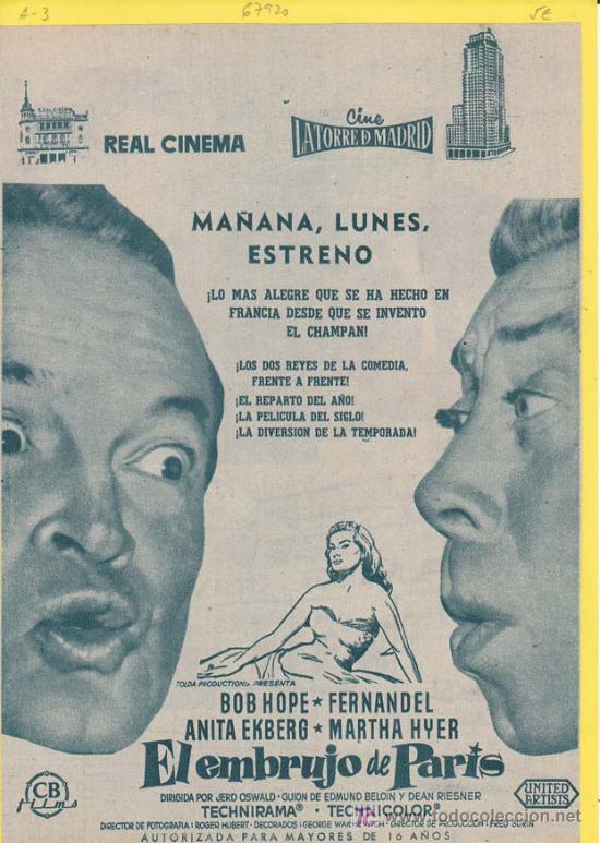 Kino: EMBRUJO DE PARIS: Director: Jerd Oswald - Actores: Bob Hope, Fernandel, Anita Ekberg y Martha Hyer
