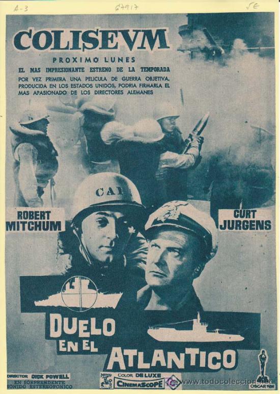 Cin&eacute;ma: DUELO EN EL ATLANTICO: Director: Dick Powell - Actores: Robert Mitchum y Curt Jurgens.
