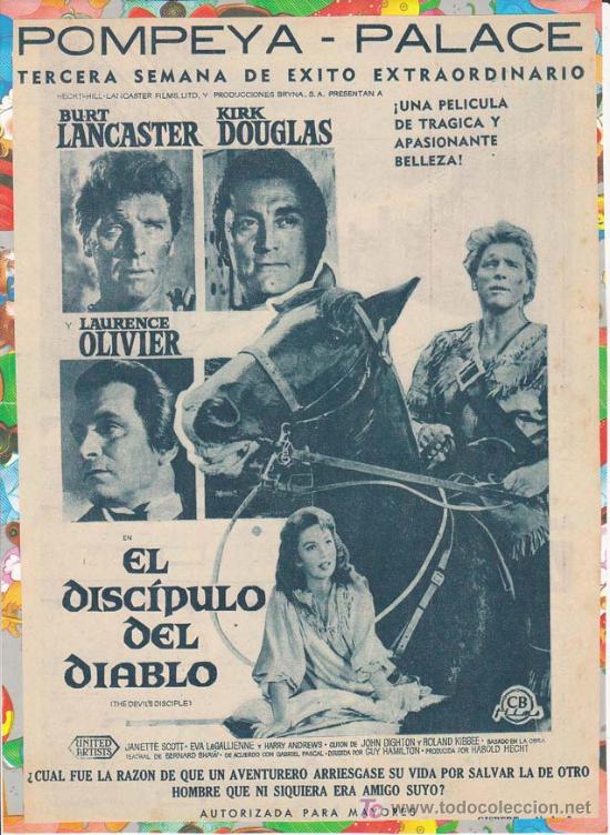 Cin&eacute;ma: EL DISCIPULO DEL DIABLO: Director: Guy Hamilton - Actores: Burt Lancaster, Kik Douglas y Laurence Ol