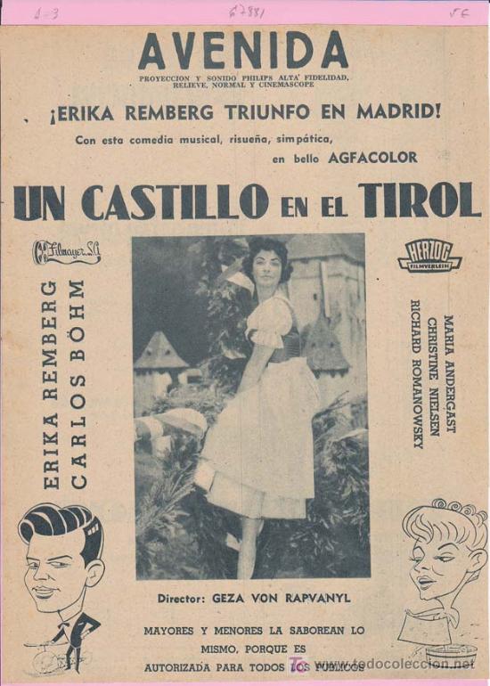 Cin&eacute;ma: UN CASTILLO EN EL TIROL: Director: Geza Von Rapvanyl - Actores: Erika Remberg, Carlos B&ouml;hm, Mar&iacute;a An