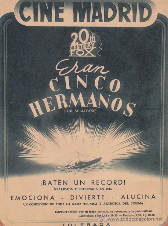 Cin&eacute;ma: ERAN CINCO HERMANOS: Director: Lloyd Bacon - Actores: Anne Baxter, Thomas Mitchell, Selena Royle.../