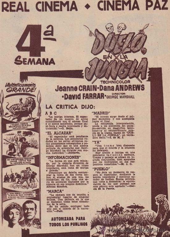 Cinema: DUELO EN LA JUNGLA: Director: George Marchall - Actores: Dana Andrews, Jeanne Crain, Dacid Farrar...