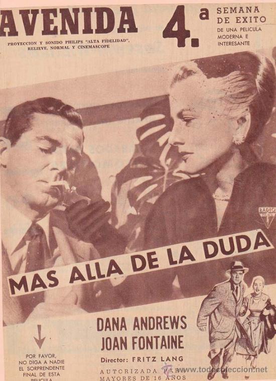 Cin&eacute;ma: MAS ALLA DE LA DUDA: Director: Fritz Lang - Actores: Dana Andrews, Joan Fontaine.../ Publicidad de &eacute;