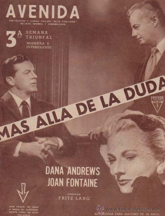 Cin&eacute;ma: MAS ALLA DE LA DUDA: Director: Fritz Lang - Actores: Dana Andrews, Joan Fontaine.../ Publicidad de &eacute;