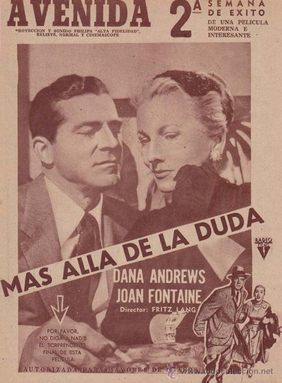 Cin&eacute;ma: MAS ALLA DE LA DUDA: Director: Fritz Lang - Actores: Dana Andrews, Joan Fontaine.../ Publicidad de &eacute;