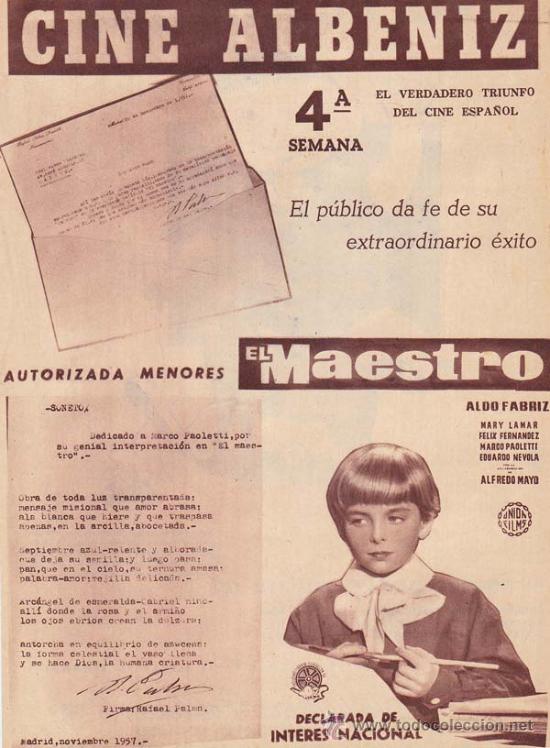 Cin&eacute;ma: EL MAESTRO: Director: Aldo Fabrizi - Actores: Mary Lamar, Alfredo Mayo, F&eacute;lix Fern&aacute;ndez/ Publicidad