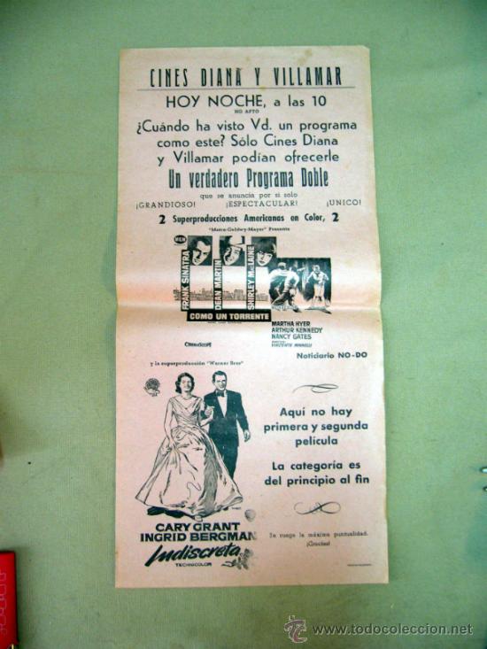 Kino: CARTEL DE CINE, COMO UN TORRENTE, INDIISCRETA,  43 X 21 CM, CINE DIANA Y VILLAMAR