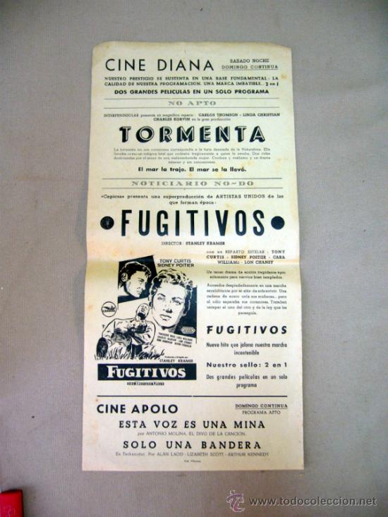 Cinema: CARTEL DE CINE, TORMENTA, FUJITIVOS,  43 X 21 CM, CINE DIANA