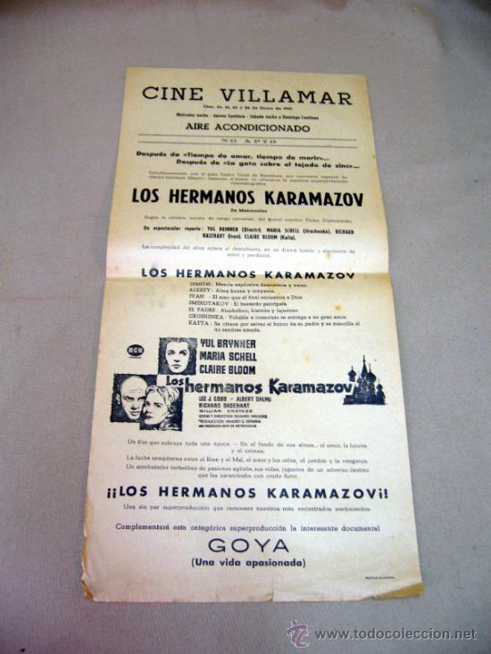 Cinema: CARTEL DE CINE, LOS HERMANOS KARAMAZOV,  43 X 21 CM, CINE VILLAMAR