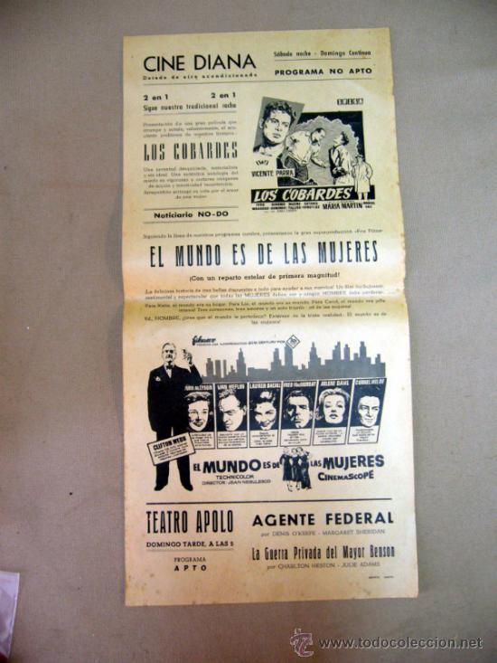Cine: CARTEL DE CINE, LOS COBARDES, EL MUNDO ES DE LAS MUJERES,  43 X 21 CM, CINE DIANA