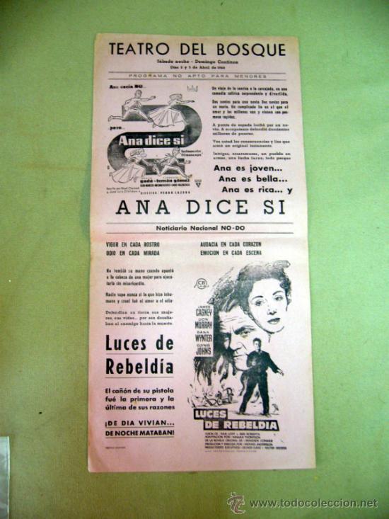 Kino: PROGRAMA DE CINE, CARTEL, ANA DICE SI, 43 X 21 CM, TEATRO DEL BOSQUE