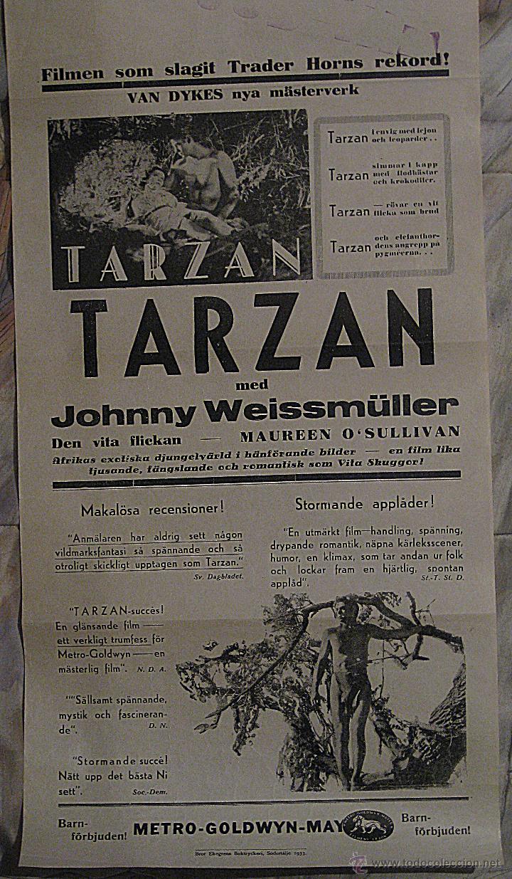 Cinema: Tarz&aacute;n cartel original Suecia 1933 Johnny Weismuller Maureen O&acute;Sullivan Tarz&aacute;n y su compa&ntilde;era