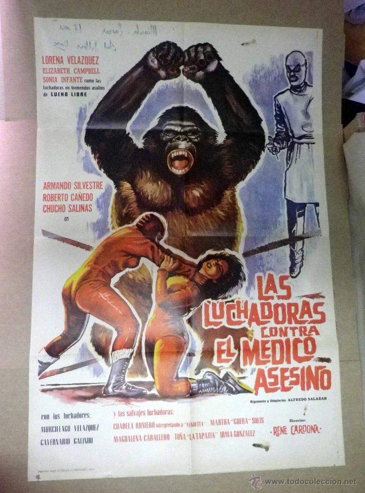 Kino: ANTIGUO CARTEL ORIGINAL, CINE, LAS LUCHADORAS CONTRA EL MEDICO ASESINO, 100 x 70 cm