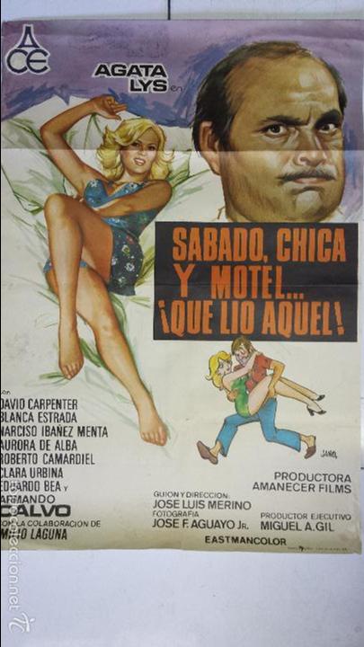 Cinema: ANTIGUO CARTEL DE CINE 70 X 100 CM. SABADO CHICA Y MOTEL... QUE LIO AQUEL - 1976