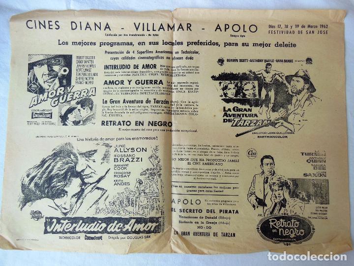 Cinema: AMOR Y GUERRA; LA GRAN AVENTURA DE TARZAN; INTERLUDIO DE AMOR; RETRATO EN NEGRO. Villanueva 1962